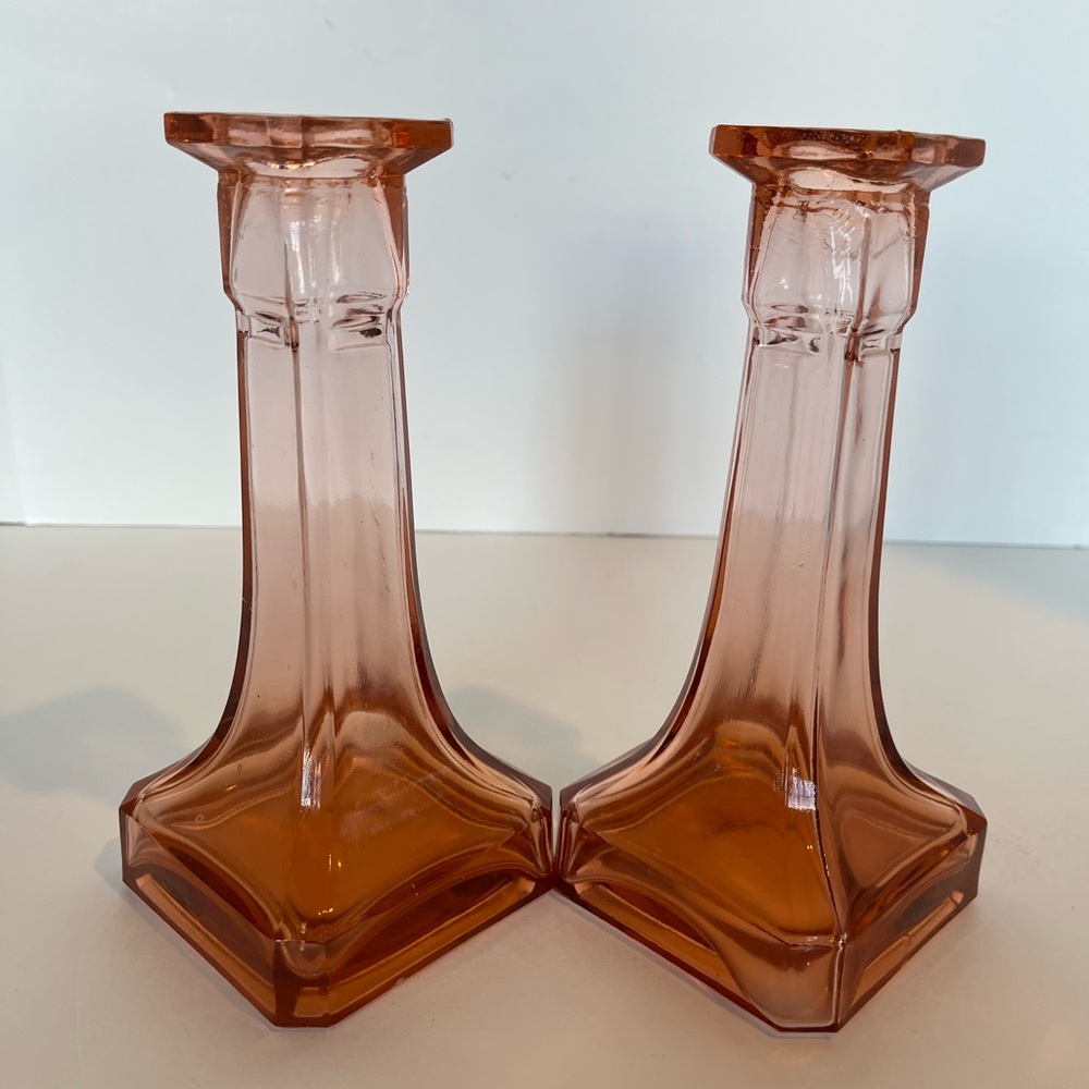 Set of Two Pink/Peach Glass Candlesticks from the 1930s